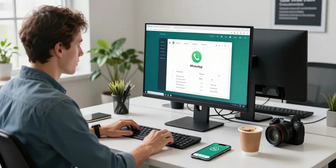 User engaged with WhatsApp電腦版 in a modern office setup, showcasing a sleek workspace with tech essentials.