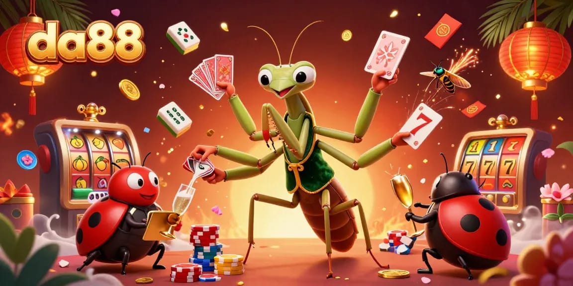 Engage in the da88 casino realm with a lively 3D scene of characters dealing and celebrating.
