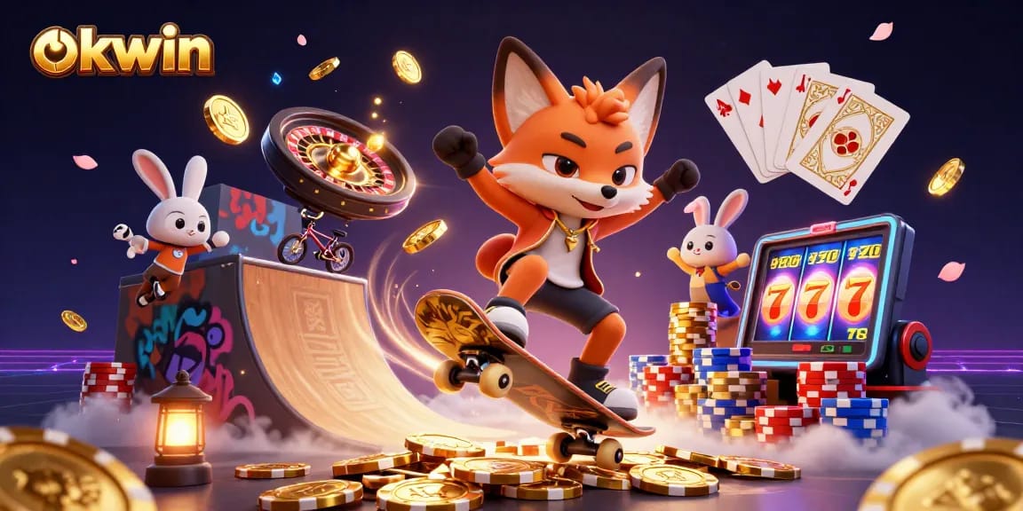 okwin showcases a vibrant scene with a skateboarder fox and BMX rabbit amidst casino excitement