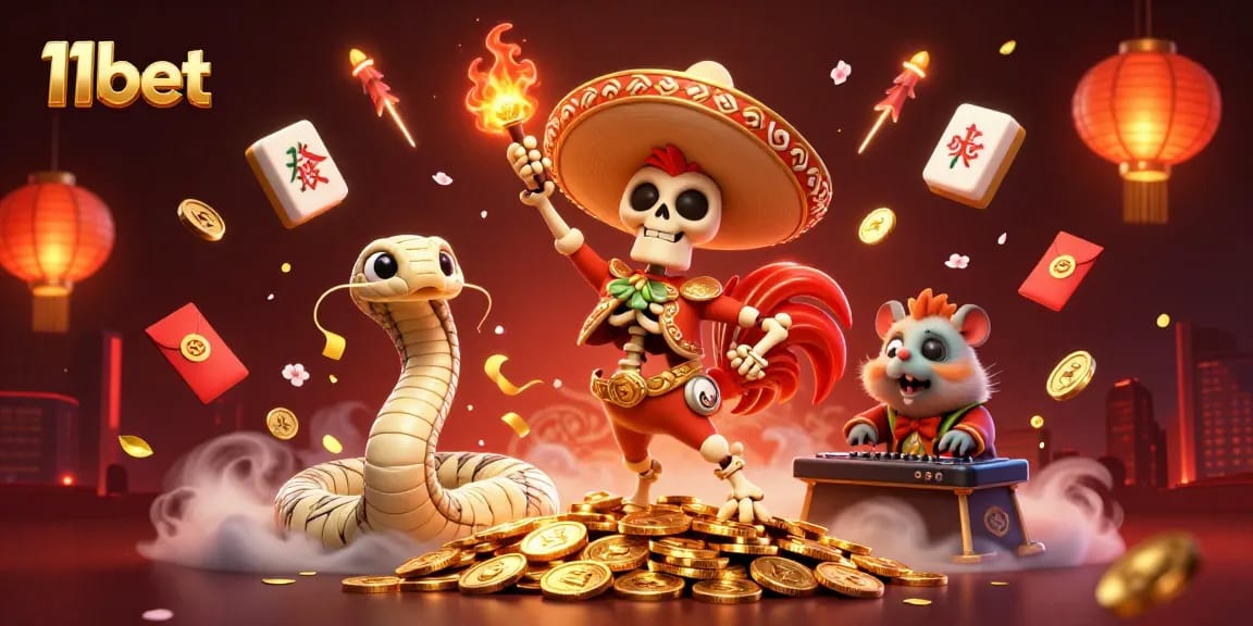 Spin to win with 11bet in a vibrant 3D illustration featuring casino characters and festive elements.