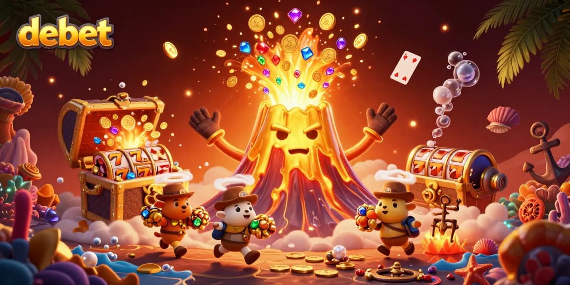Experience the thrill of slots with debet at a vibrant casino volcano scene overflowing with treasure.