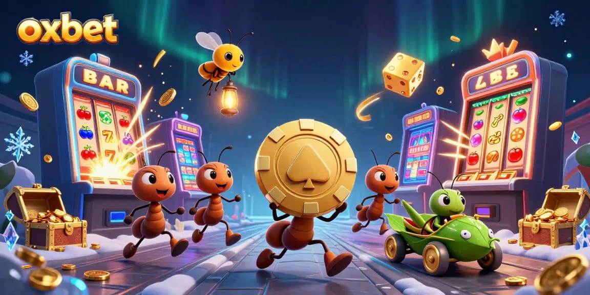 Experience the thrilling heist of ants at oxbet, with golden chips and vibrant casino elements.