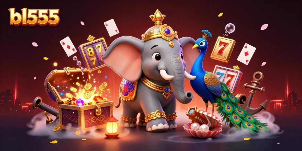 Play exciting slots and win at BL555 with a vibrant 3D scene of a decorated elephant and peacock!