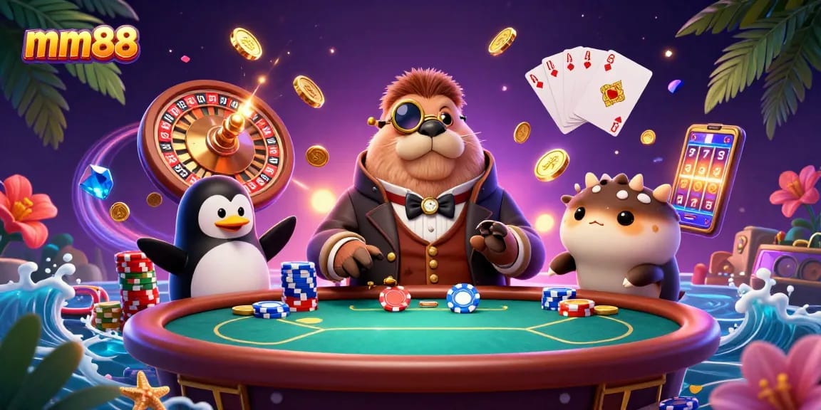 Experience thrilling gameplay at mm88 with joyous characters at an underwater poker table.