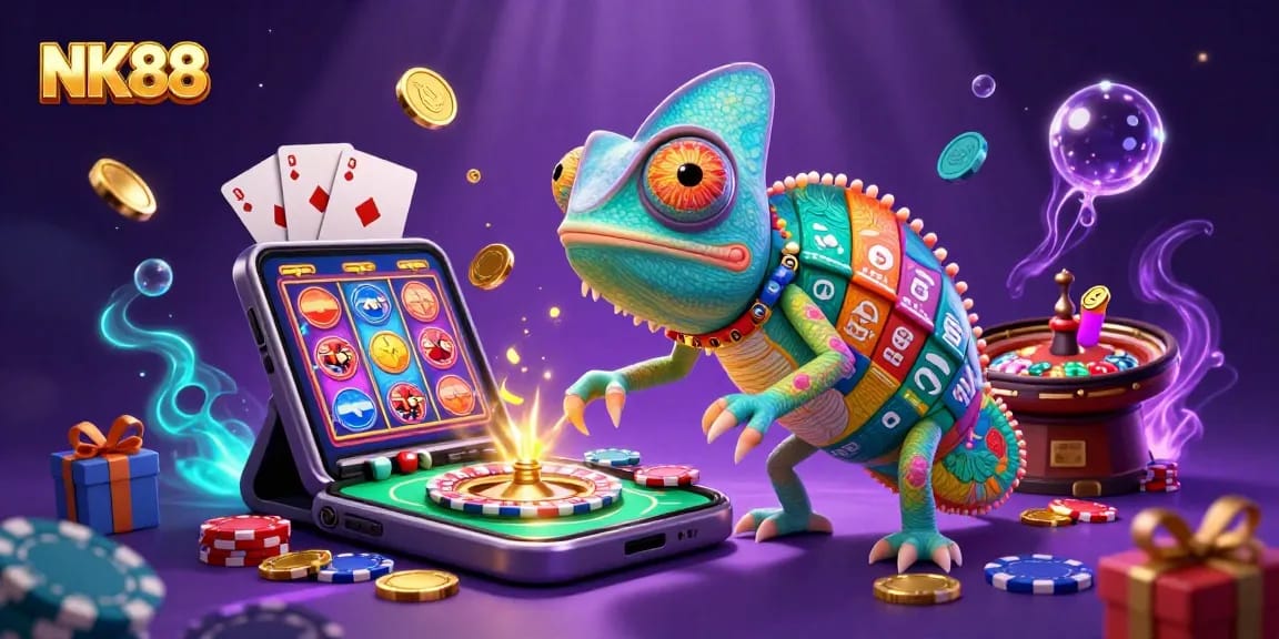 NK88 casino owner chameleon surrounded by colorful slots and poker elements in vibrant scene.