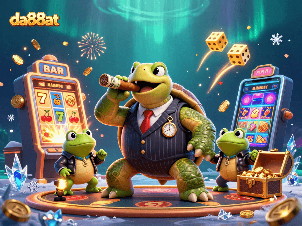 Play exciting games on da88at with the massive snapping turtle and bullfrog enforcers in a vibrant casino scene.