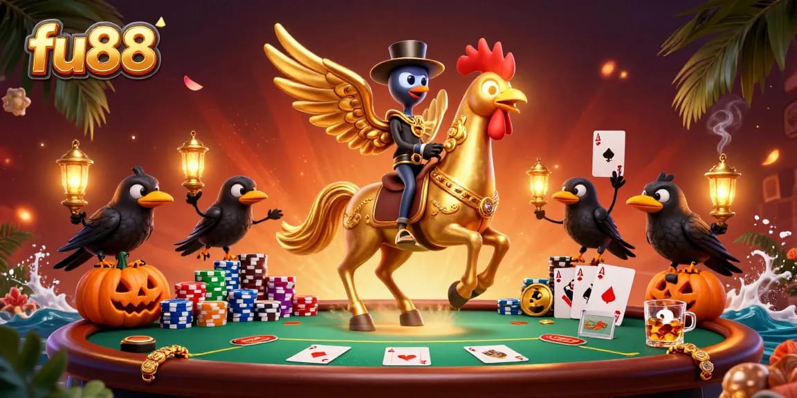 Win at fu88 with golden rooster riding through a vibrant casino, poker elements all around.