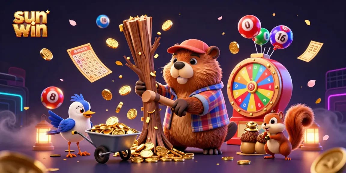Experience the thrill of sun win as cartoon characters celebrate wins surrounded by gold and colorful game elements.