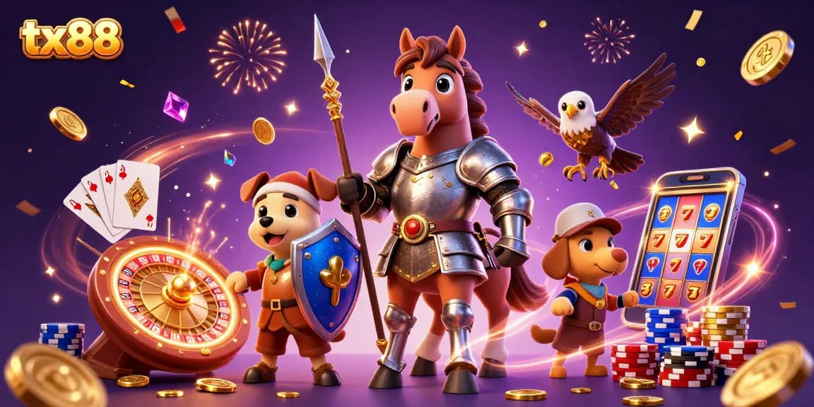 tx88 illustration depicting a knight, squire, and falcon surrounded by casino elements.