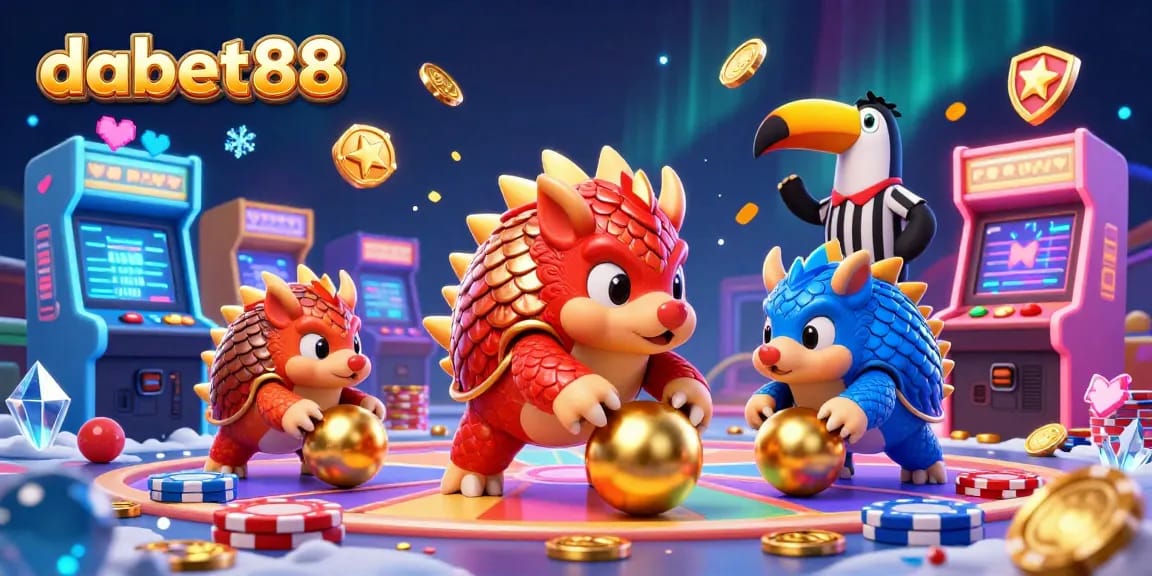 Dabet88 pangolins bowling through poker chips in a vibrant casino scene filled with arcade game elements.