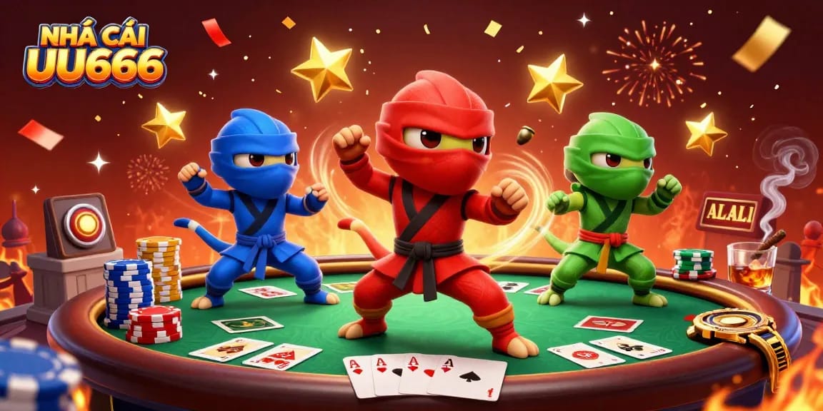 Experience high-stakes poker action with NHÀ CÁI UU666 in this vibrant 3D illustration featuring chameleon ninjas.