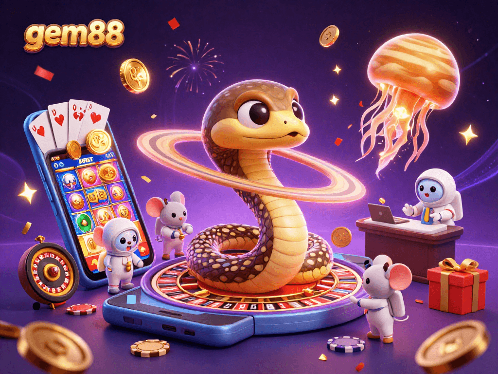 Experience excitement with gem88 through a cosmic casino scene filled with betting astronaut mice and a golden jellyfish dealer.