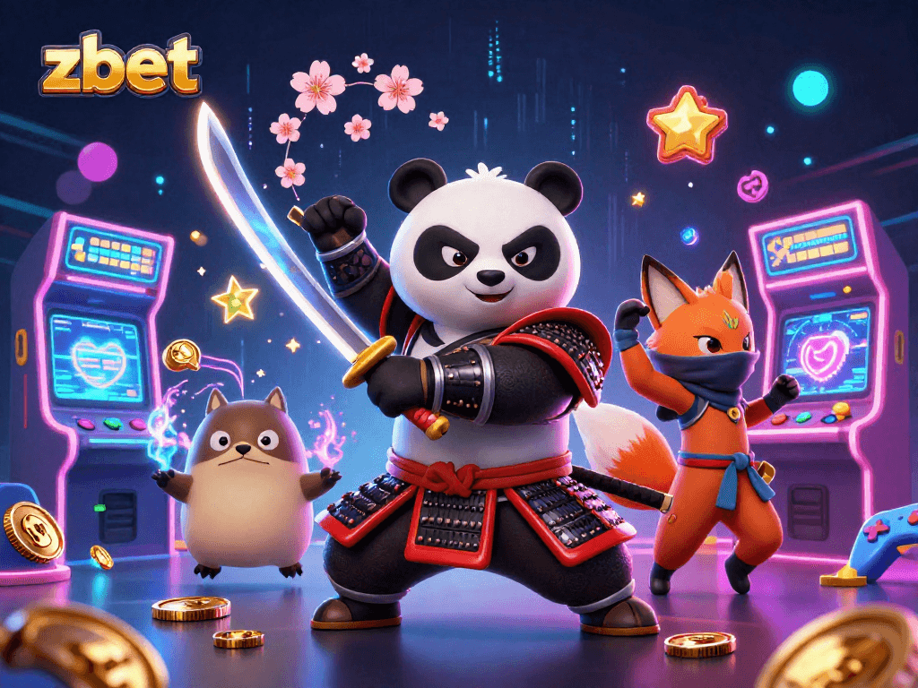 Experience thrilling gameplay at zbet with a vibrant 3D illustration showcasing a samurai panda and ninja fox.