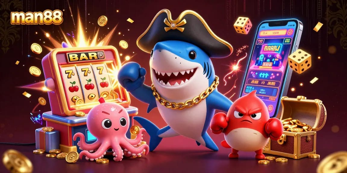 Experience the thrill of man88 with a playful pirate shark amidst a vibrant slot machine scene.