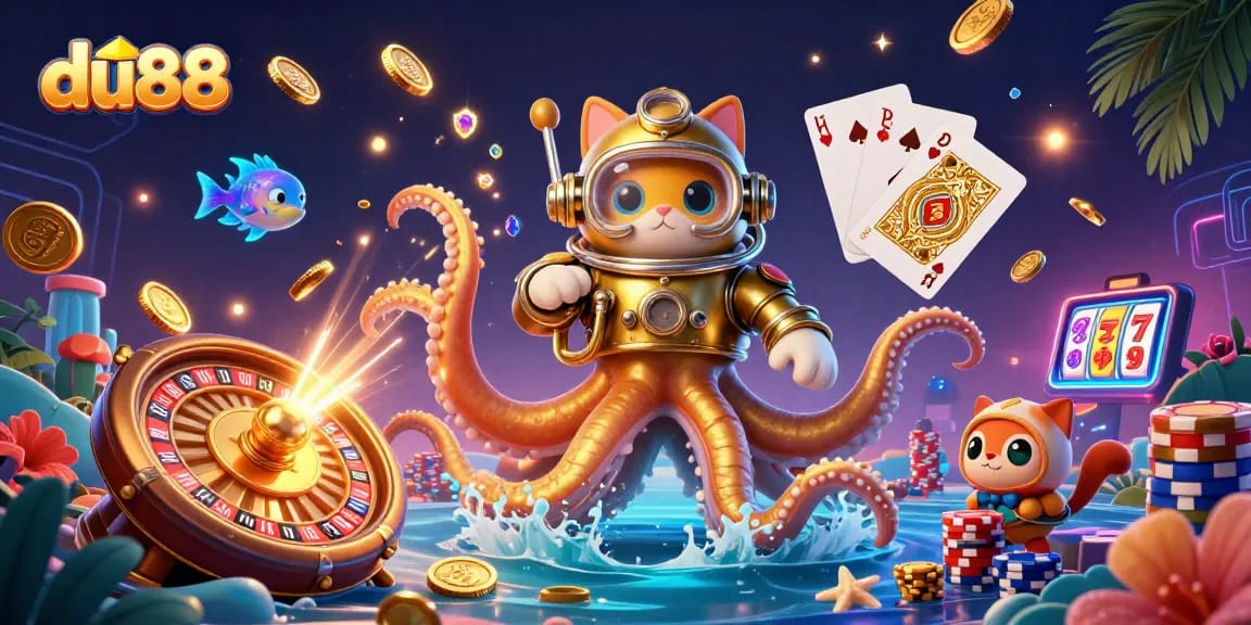Experience exciting wins with du88 in this vibrant 3D casino illustration featuring engaging characters.