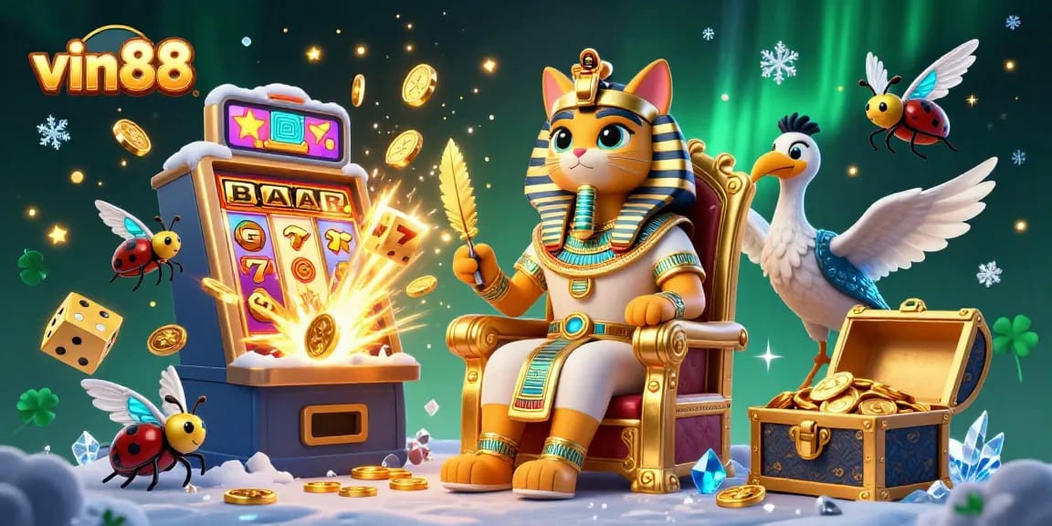 Win big at vin88 with a vibrant 3D casino scene featuring a pharaoh cat on a throne.