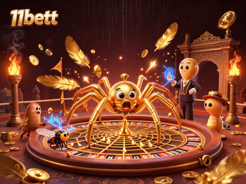 Bet on 11bett’s thrilling casino action as a spider spins a roulette web with golden elements.