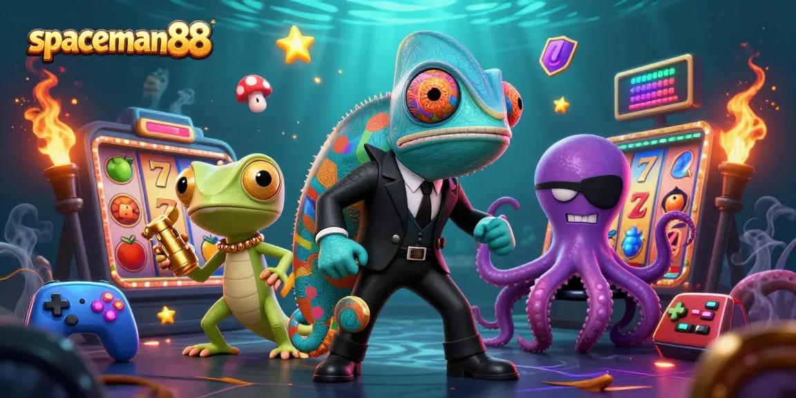 Experience thrilling action with spaceman88 as characters navigate a colorful slot machine world.