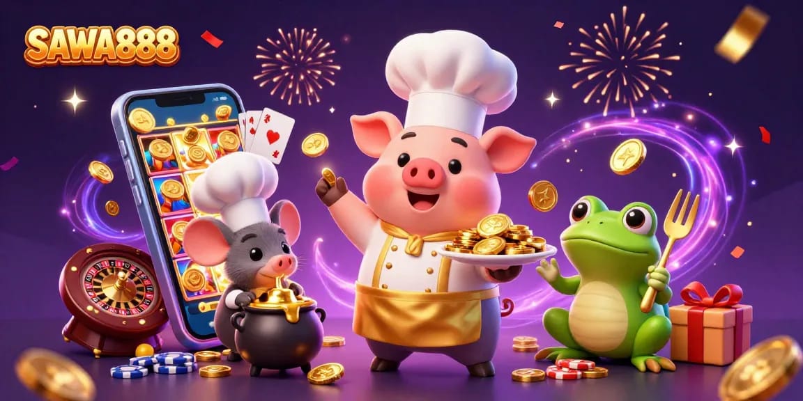 Engage with SAWA888's vibrant scene featuring a chef, sous-chef, and food critic in a colorful casino setting.