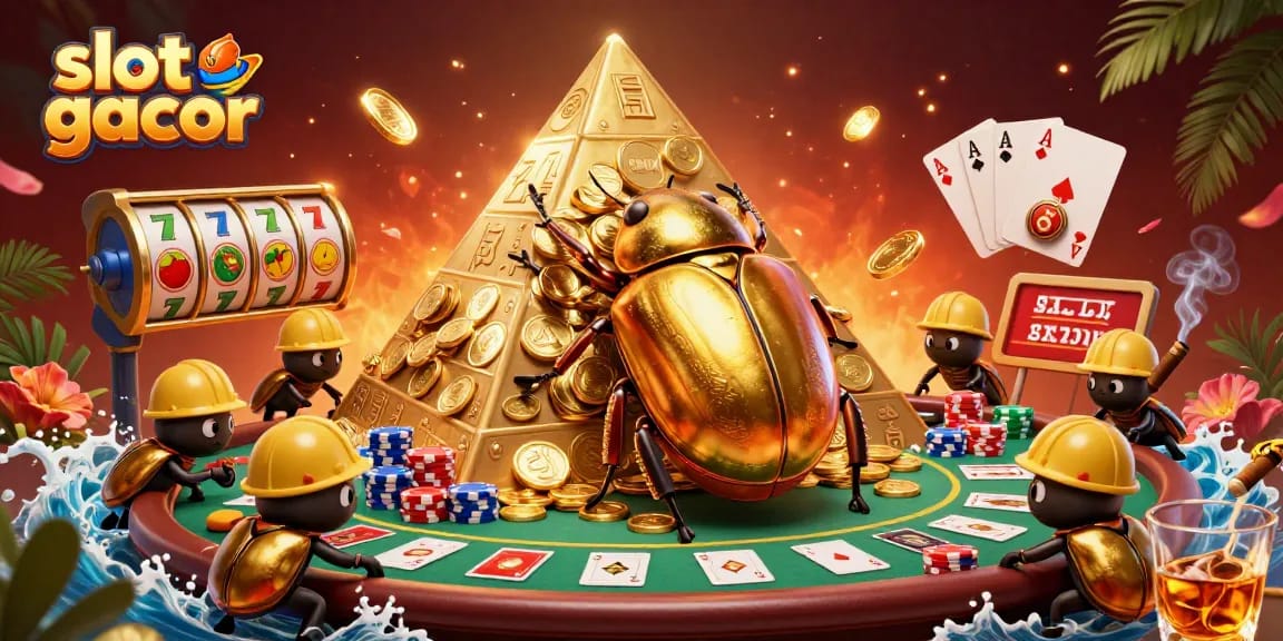 Slot gacor features a golden beetle and casino elements in a vibrant 3D scene.