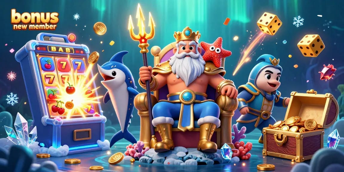 Join the excitement of the casino with our bonus new member offer featuring Neptune and vibrant elements.