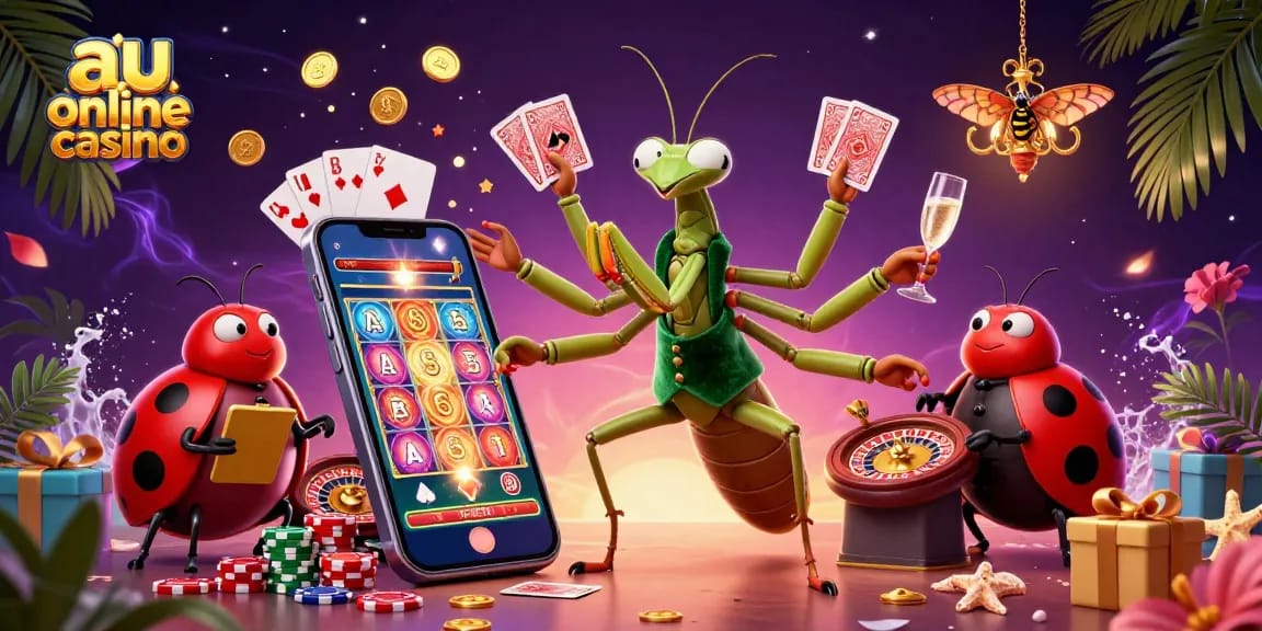 Engage with the vibrant scene of au online casino with a giant praying mantis and ladybug pit boss amid dynamic gaming elements.