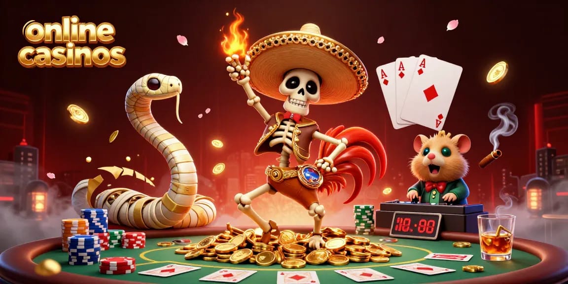 Skeleton mariachi rooster celebrates over golden coins in vibrant online casinos scene
