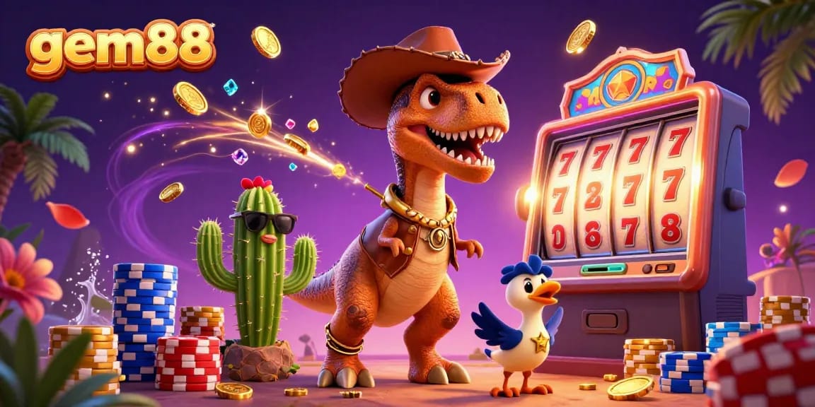Win big with gem88 in this vibrant casino scene featuring a cartoon dinosaur and slot machines.
