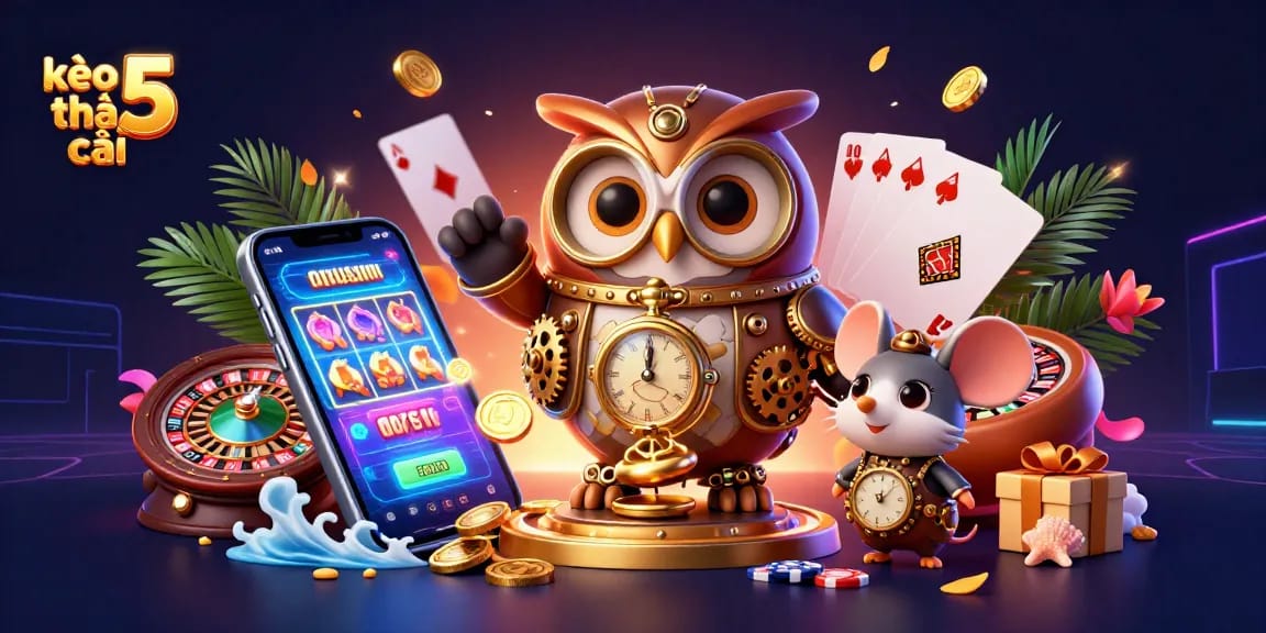 Engage with kèo nhà cái 5, a vibrant scene of a time-traveling owl, with dynamic gaming elements and casino excitement.