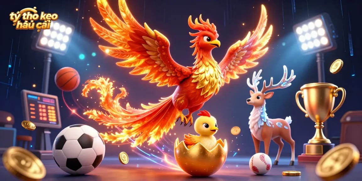 Bet on tỷ lệ kèo nhà cái with dynamic sports elements, phoenix, and neon effects for excitement.