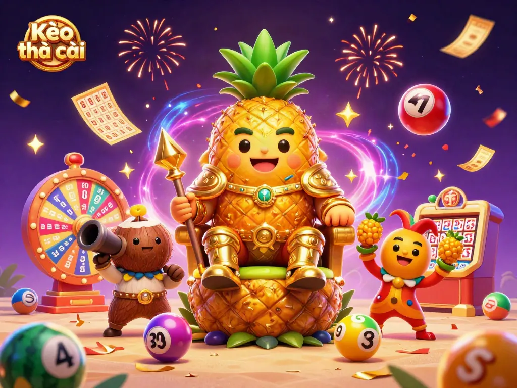Kèo nhà cái offers thrilling betting action in a vibrant carnival scene surrounded by lottery elements.
