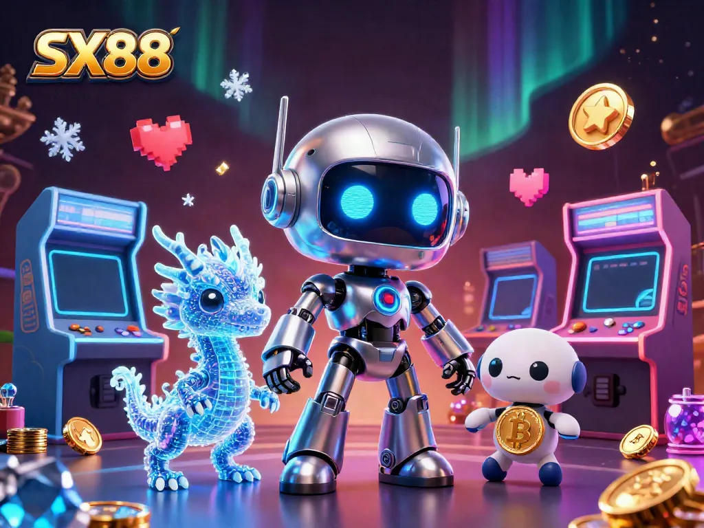 SX88 engages players with a vibrant, dynamic 3D casino scene featuring a robot mascot, AI dragon, and bitcoin drone.