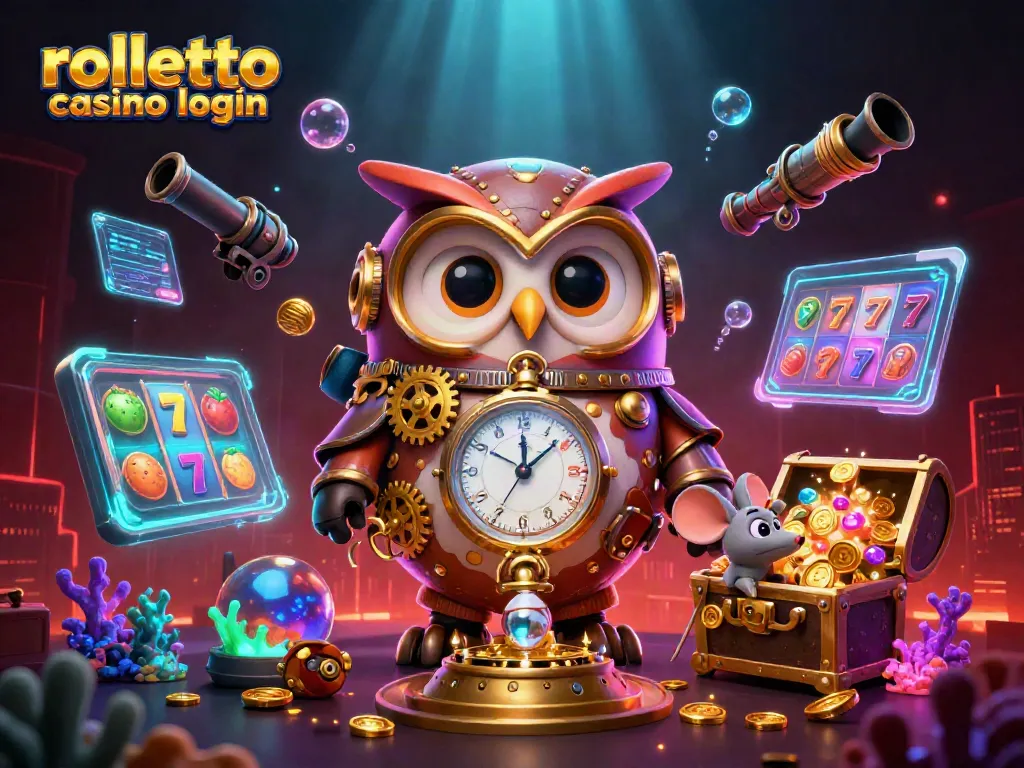 Experience rolletto casino login with a vibrant casino-themed illustration featuring time-traveling characters.