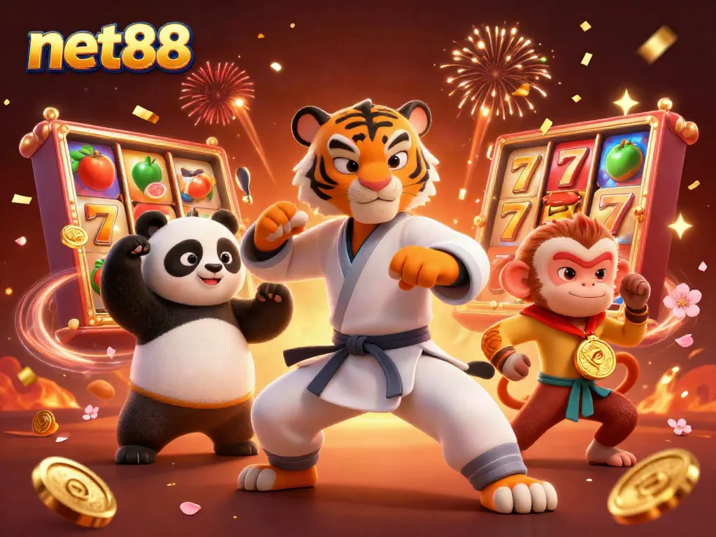 Net88 slot game illustration showcasing a kung fu tiger and playful monkey surrounded by jackpot elements.