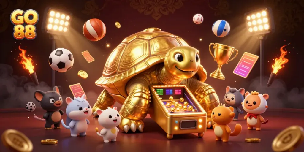 Experience the thrill of GO 88 with this dynamic scene featuring a golden tortoise pinball machine, both sports elements and excitement.