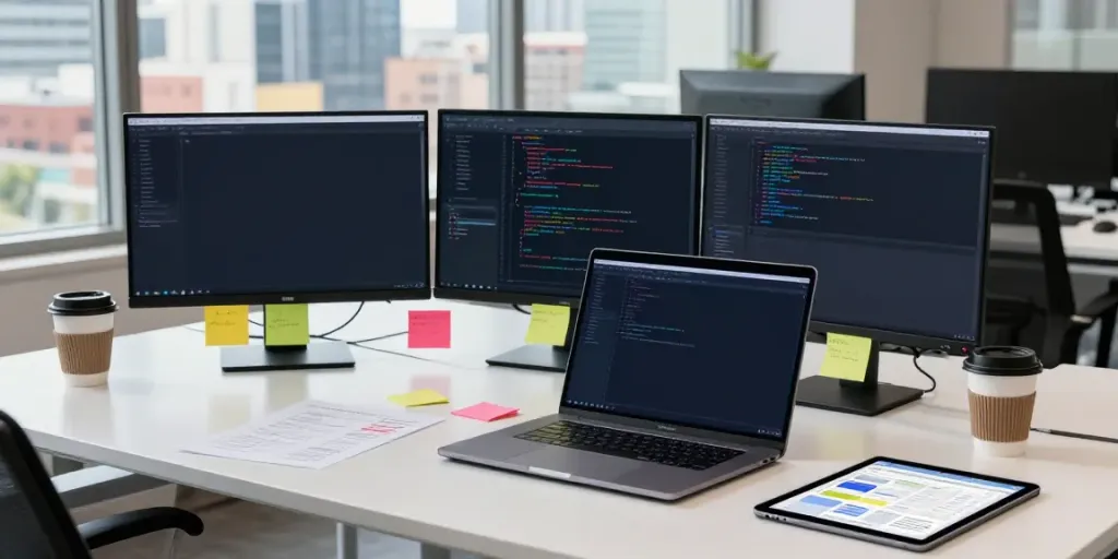 Dynamic workspace to submit software article, developer coding with dual monitors and coffee on sleek desk.