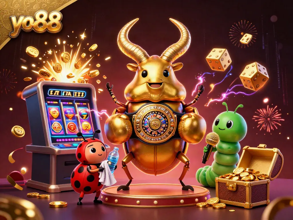 Experience the thrill of yo88 with a vibrant 3D casino scene featuring colorful gaming elements and engaging characters.