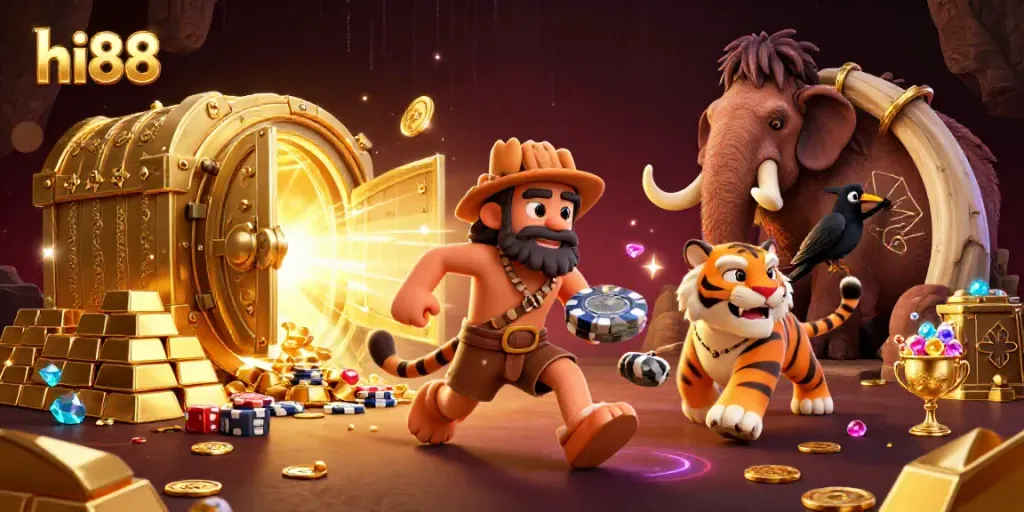 Engage with hi88 at a vibrant 3D prehistoric casino with unique gaming elements.