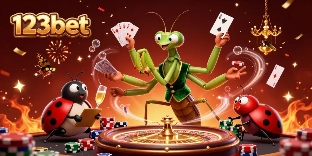 Engage in the excitement of 123bet casino with a vibrant 3D illustration of games, characters, and celebration.