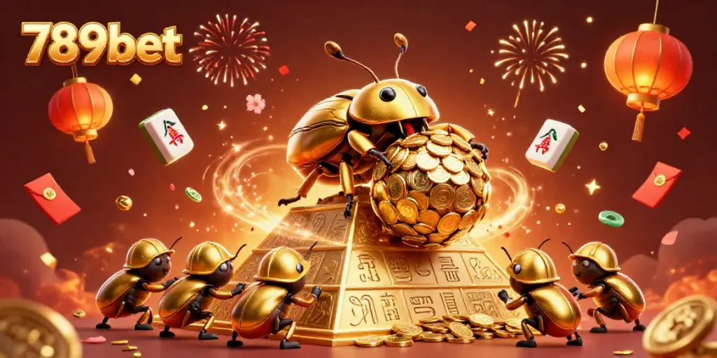 Experience thrilling gameplay with 789bet featuring a golden dung beetle rolling coins in a vibrant casino scene.
