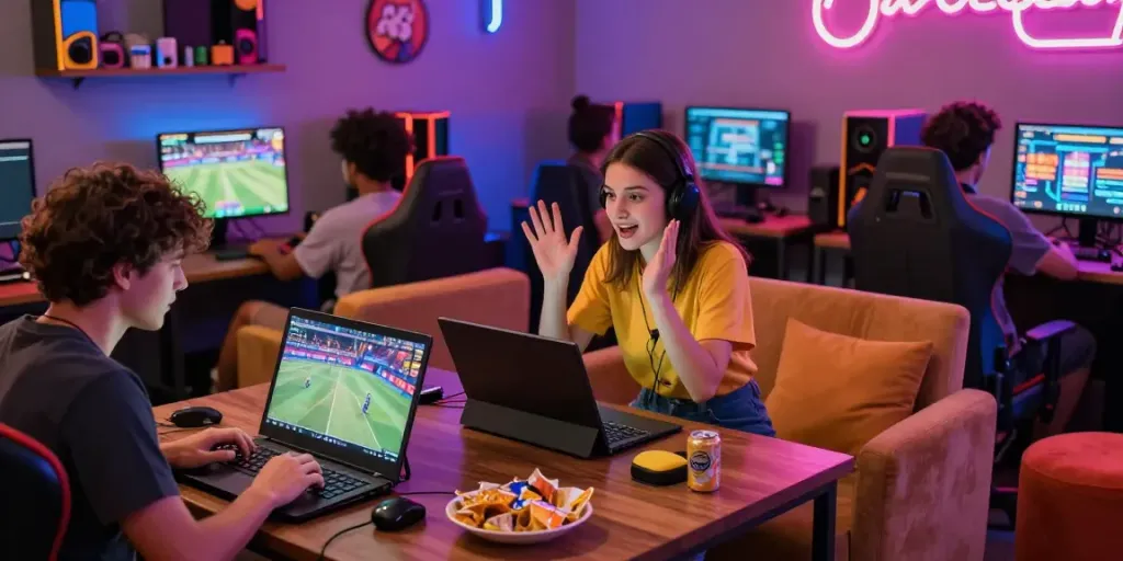 Engaging gaming scene at http://gem88-mobile.com with diverse players enjoying online slots and sports.