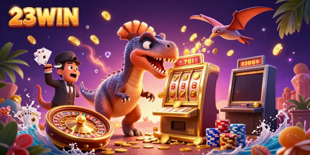 23WIN shows a vibrant scene of animated dinosaurs winning casino jackpots with coins flying around