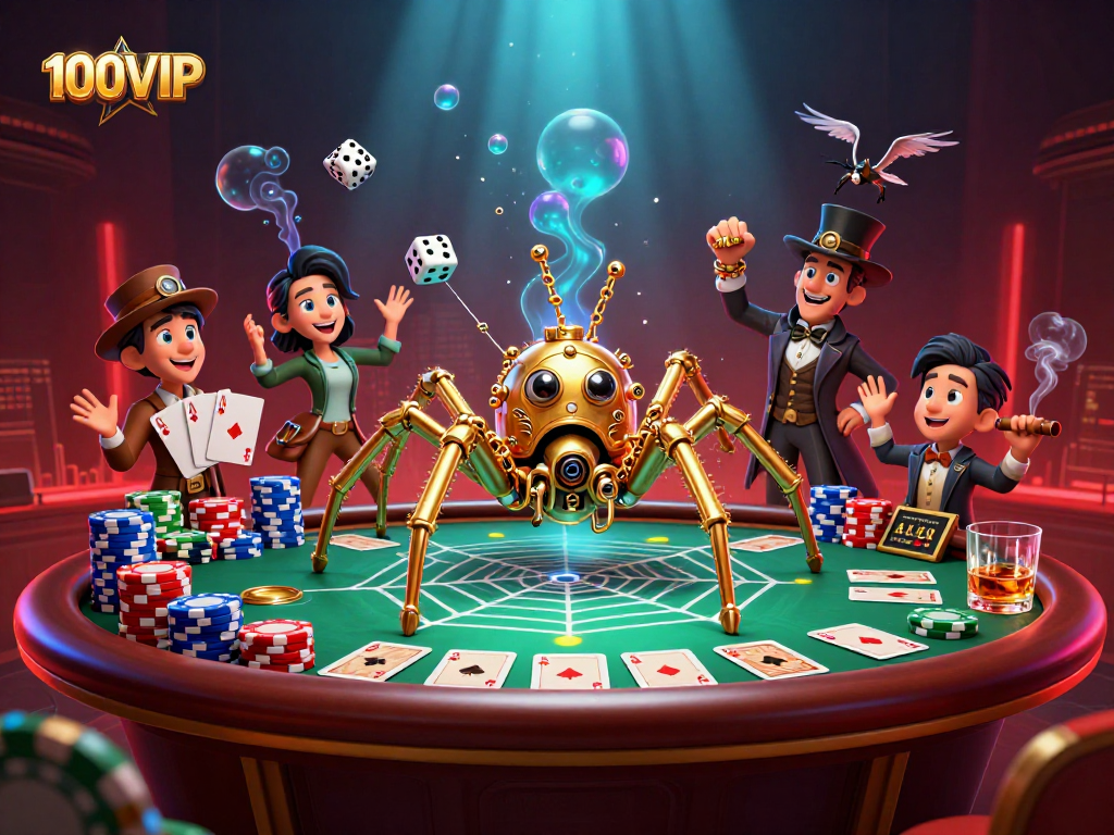 100VIP spider weaving golden chains in a dynamic casino scene, showcasing poker chips and thrilling action.