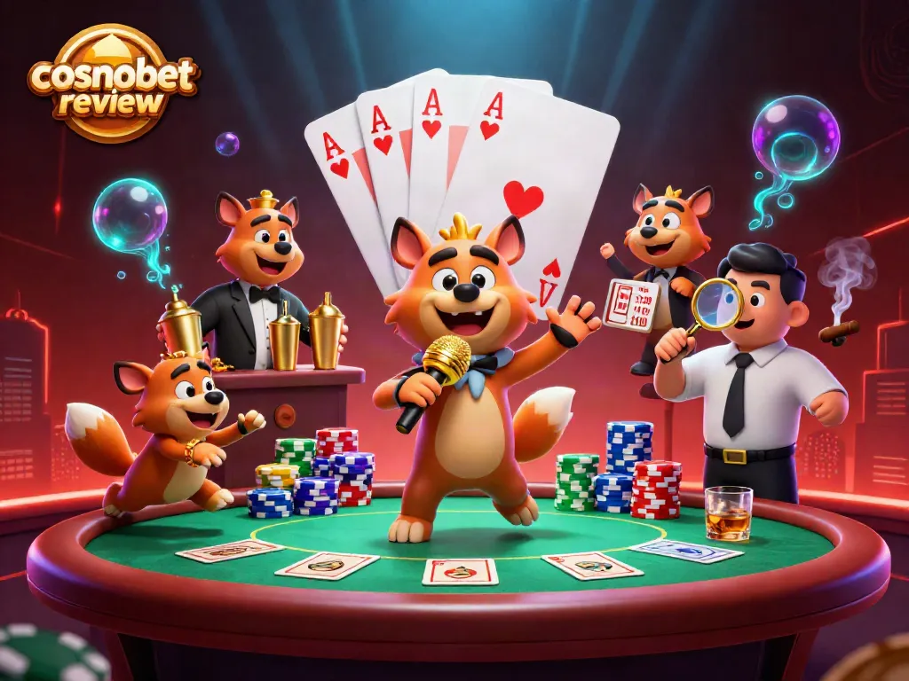Engage with the vibrant cosmobet review showcasing a comedy casino scene with hyenas and poker excitement.