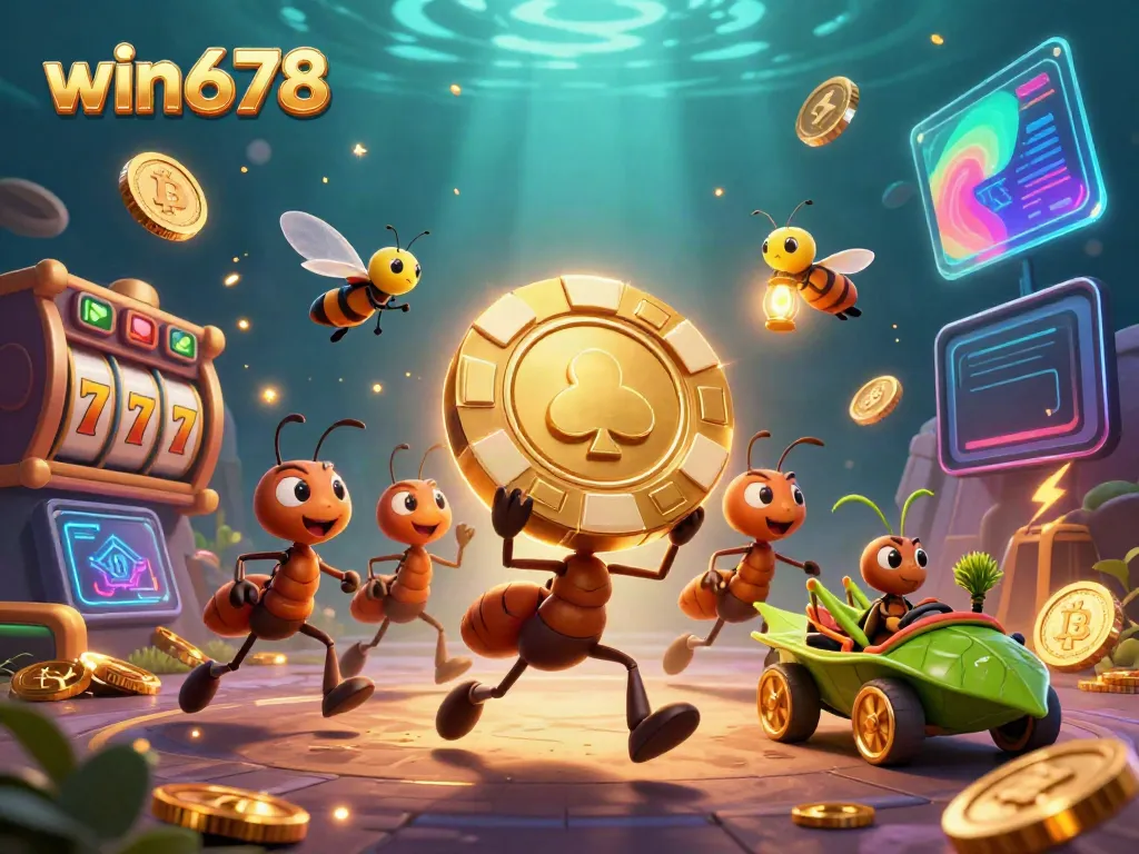Join the heist with win678’s ant team as they escape through a vibrant casino scene packed with elements of excitement.