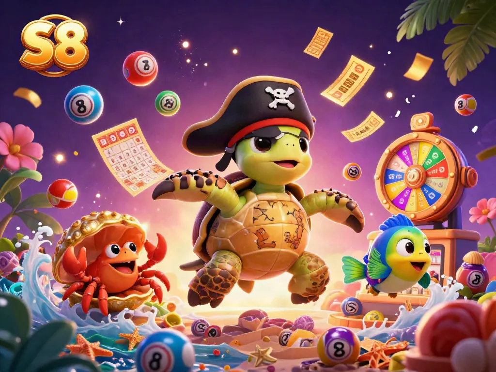 Engage with S8's vibrant world through a colorful, dynamic scene featuring a pirate turtle and hermit crab amidst lottery excitement.