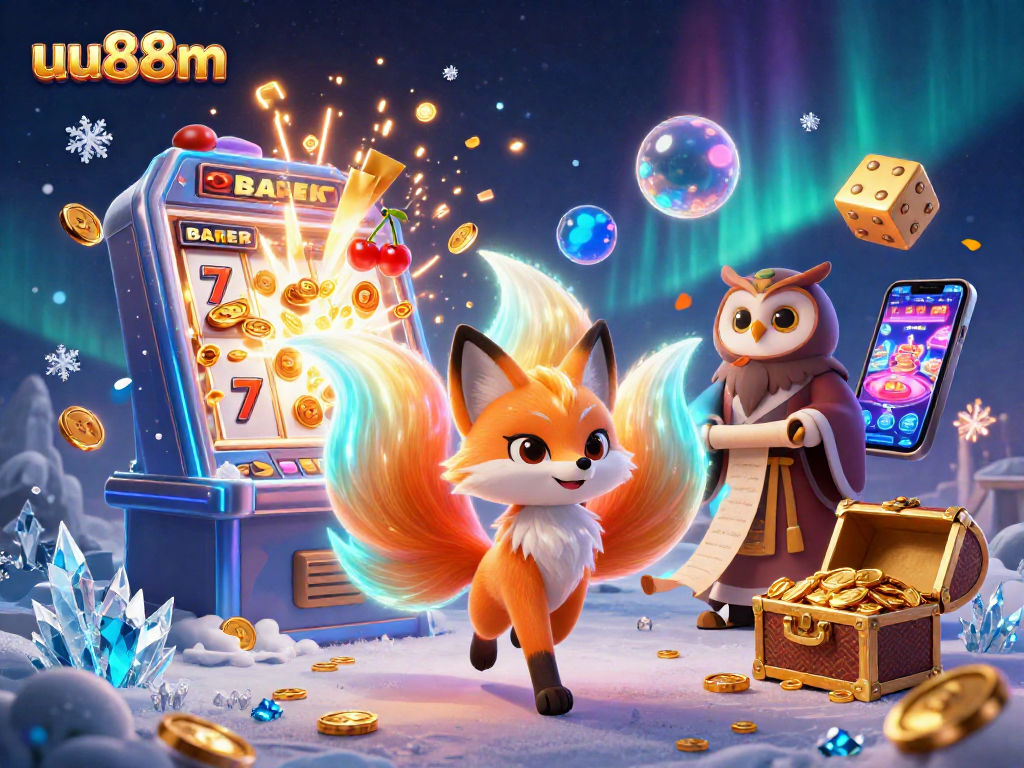 Experience thrilling gameplay at uu88m with a vibrant 3D illustration of casino elements and enchanting characters.