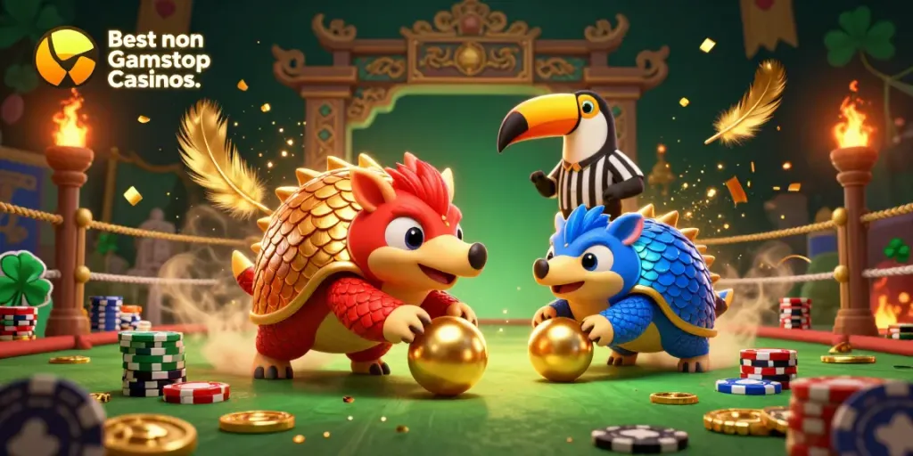 A vibrant scene showcasing the Best non Gamstop Casinos where rival pangolins roll through stacks of poker chips in a dynamic game.