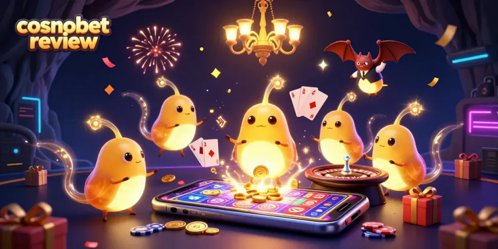Experience the thrilling cosmobet review in an illuminated cave casino with gold-tinged glowworms.