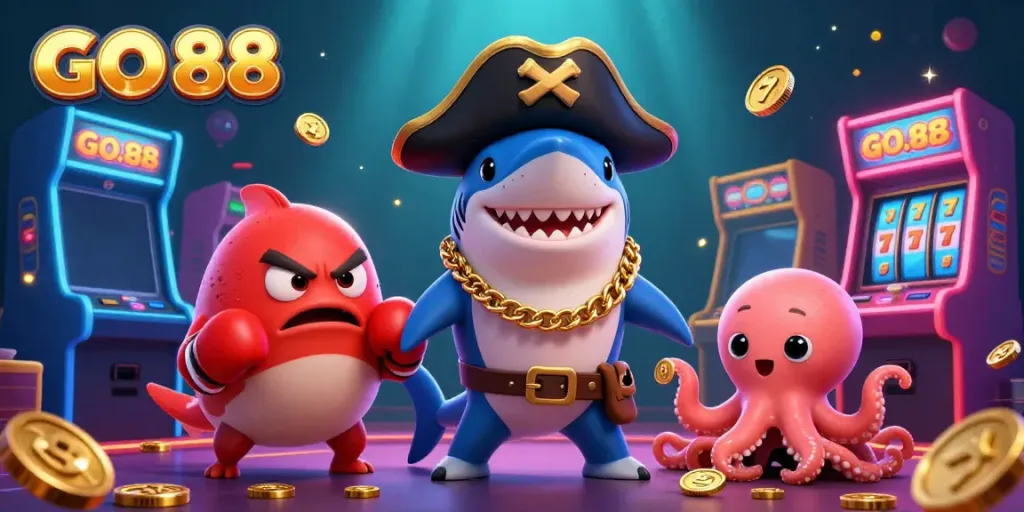 Experience the excitement of GO 88 with a vibrant 3D casino scene featuring playful characters and dynamic gaming elements.